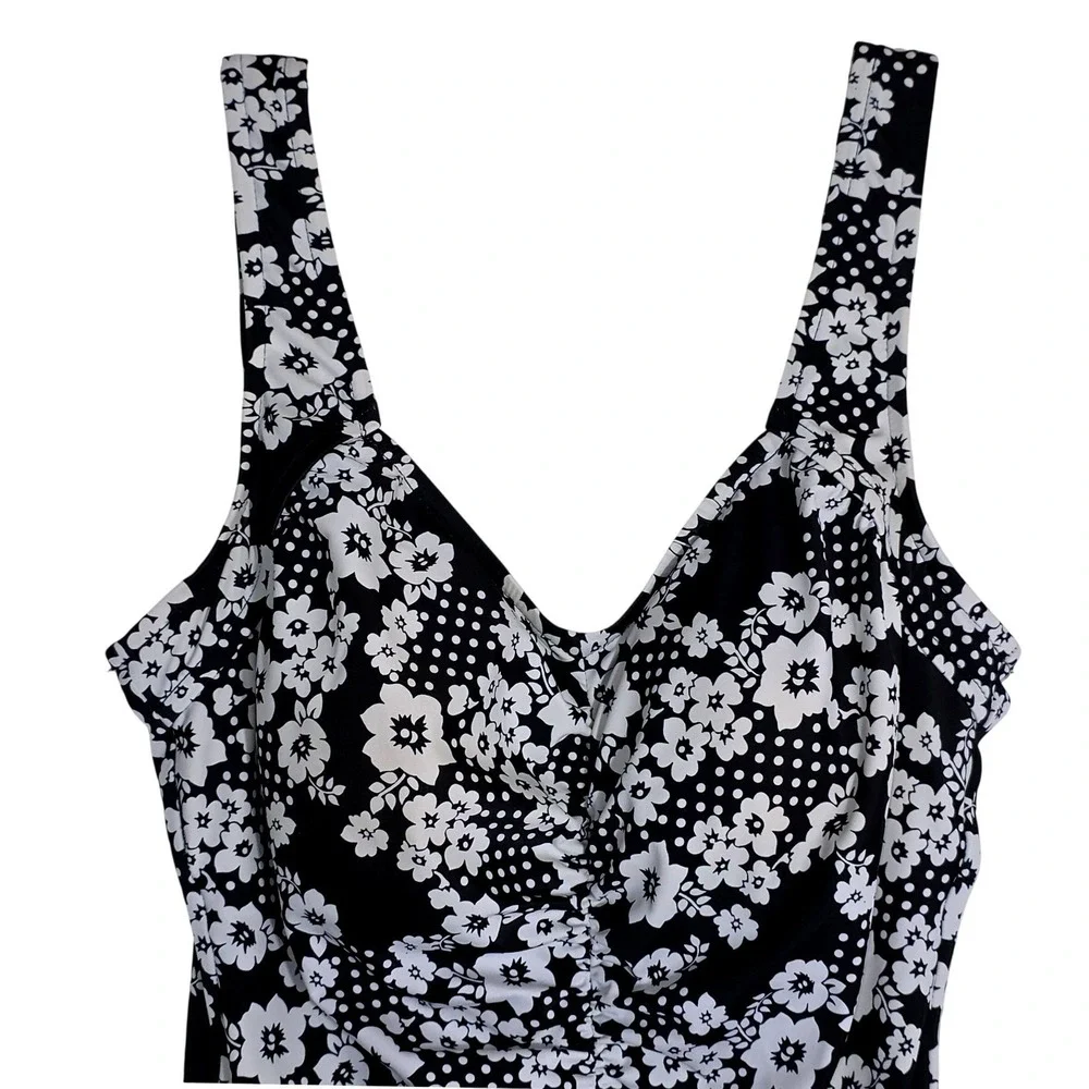 Maxine Of Hollywood Womens Vintage Black White Floral Ruched One Piece Swimsuit